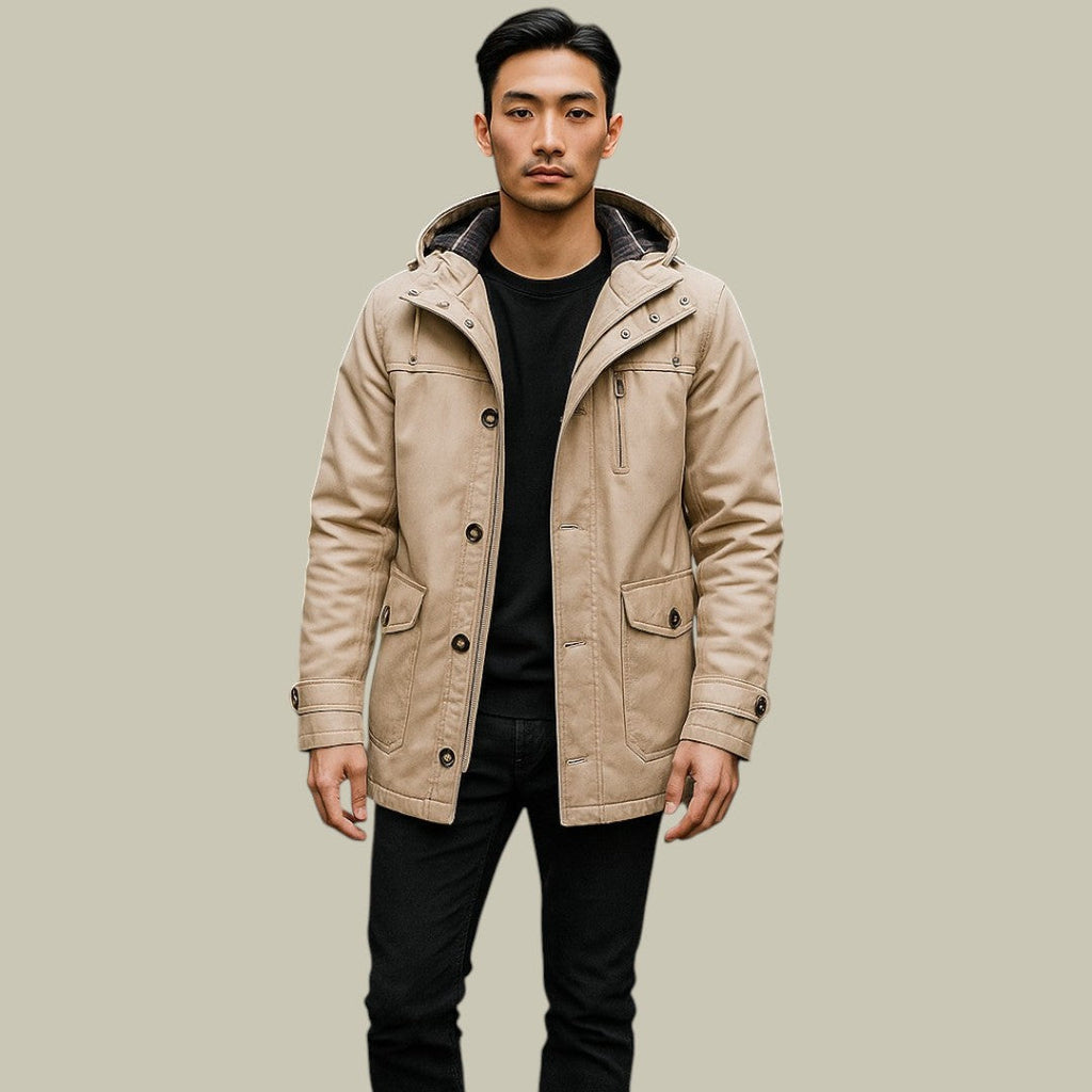 Men's beige winter parka with hood, snap button front and chest pockets