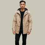 Men's beige winter parka with hood, snap button front and chest pockets