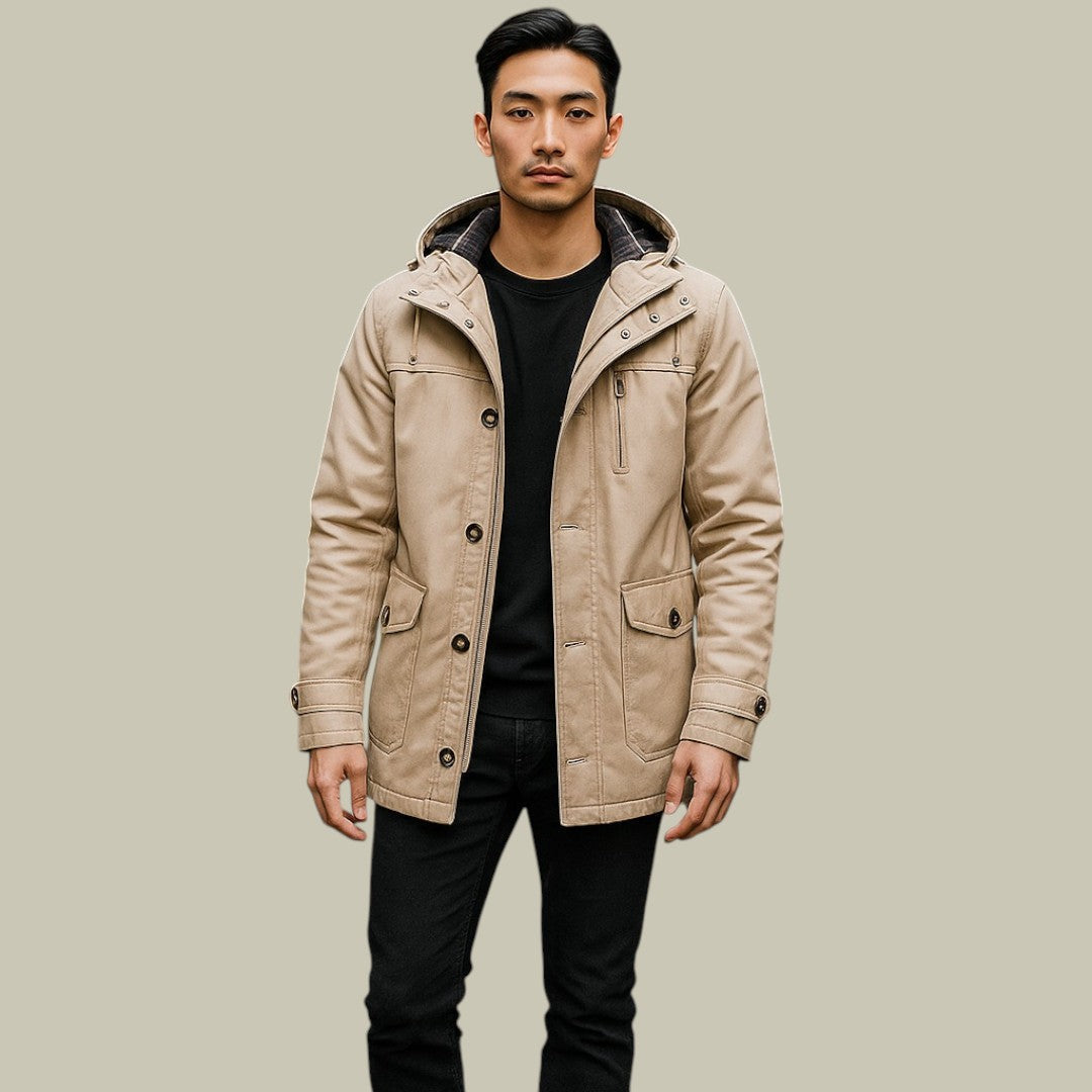 Men's beige winter parka with hood, snap button front and chest pockets