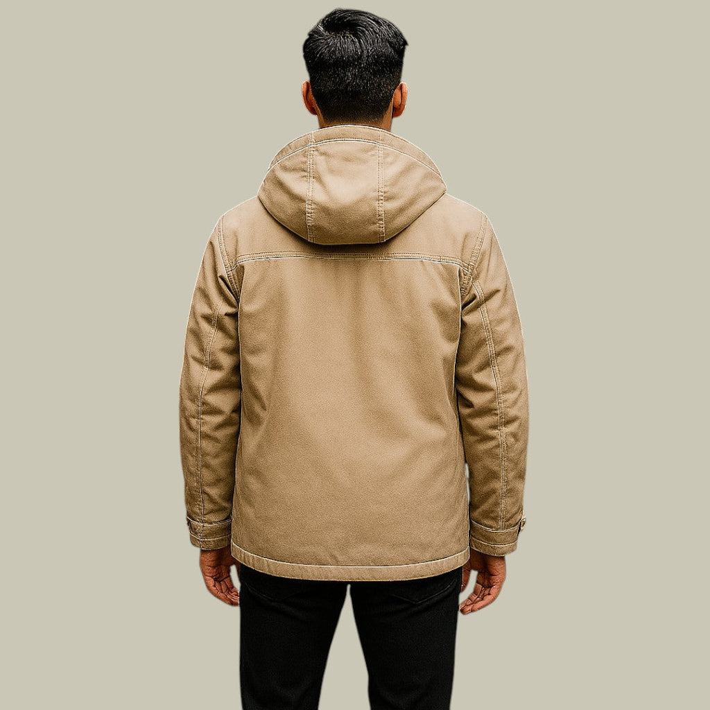 Men's beige winter parka jacket with hood, rear view and stitched yoke