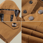 Men's tan parka details: snap buttons, drawstring hood, and check-lined collar