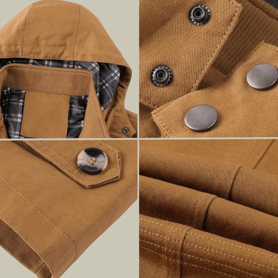 Men's tan parka details: snap buttons, drawstring hood, and check-lined collar