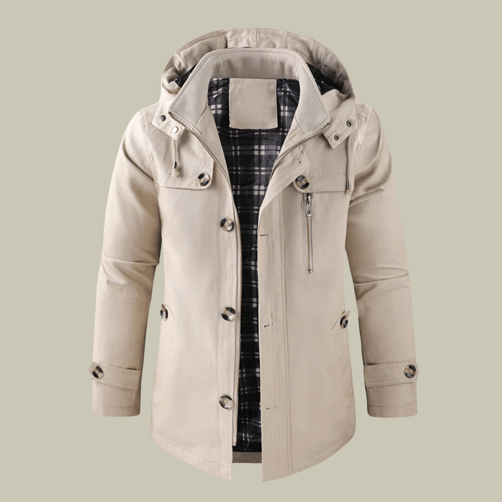 Men's off-white winter parka with hood, button front, zipper pull and check lining