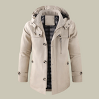Men's off-white winter parka with hood, button front, zipper pull and check lining