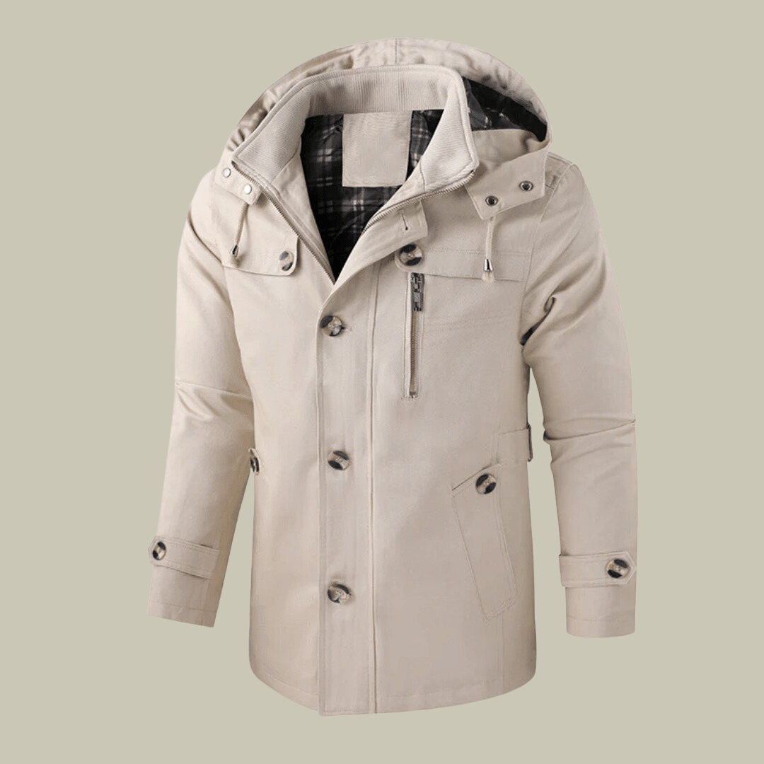Men's off-white hooded winter parka, front view with zipped chest pocket