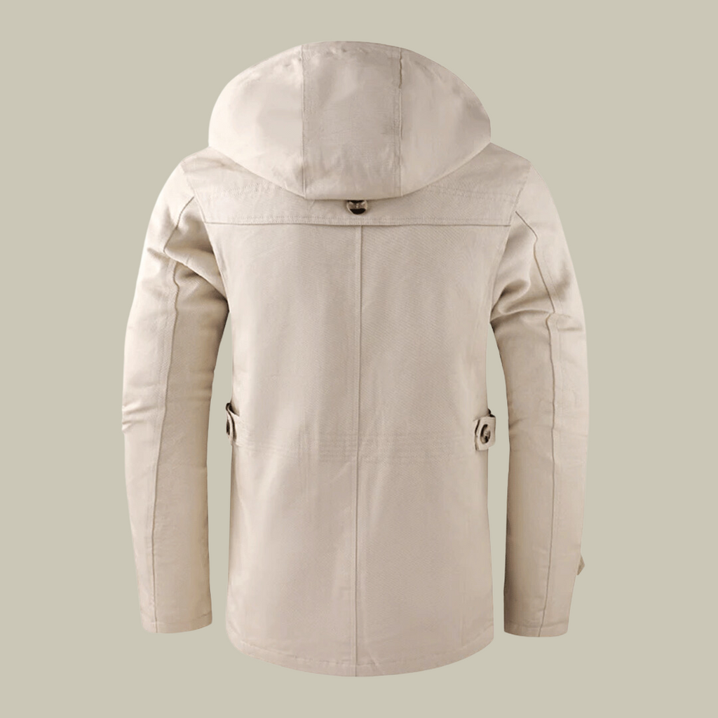 Men's off-white hooded winter parka, back view with adjustable hood toggle