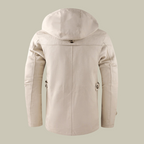 Men's off-white hooded winter parka, back view with adjustable hood toggle