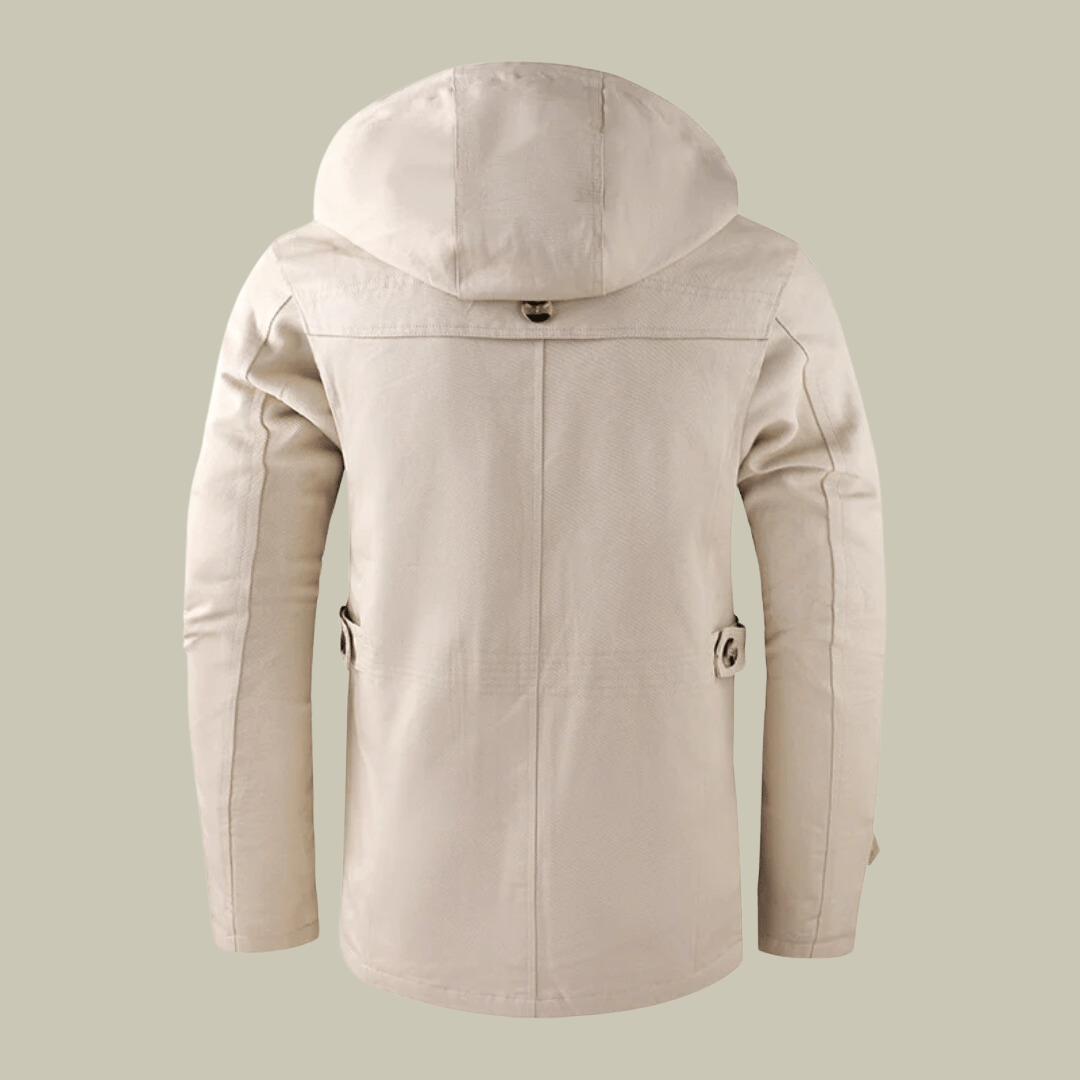 Men's off-white hooded winter parka, back view with adjustable hood toggle