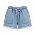 Blue denim summer shorts with drawstring waist, frayed hem, and cargo pockets