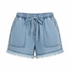 Blue denim summer shorts with drawstring waist, frayed hem, and cargo pockets