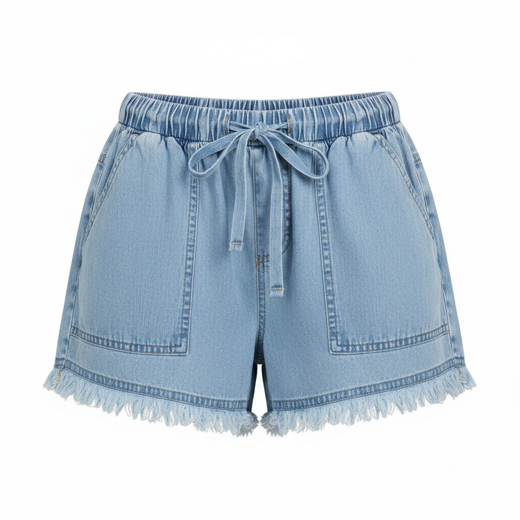 Blue denim summer shorts with drawstring waist, frayed hem, and cargo pockets