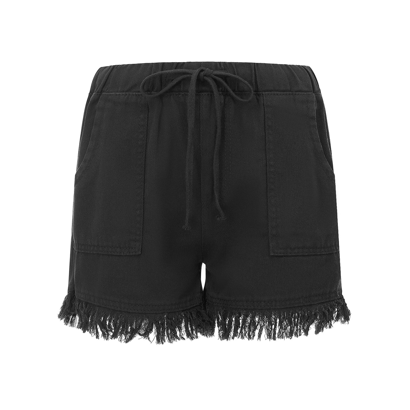 Black drawstring shorts with frayed hem and two front patch pockets