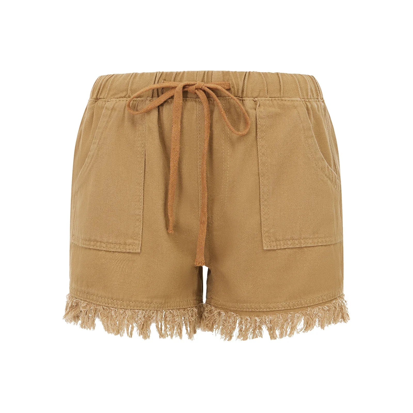 Khaki drawstring shorts with frayed hem and two front patch pockets