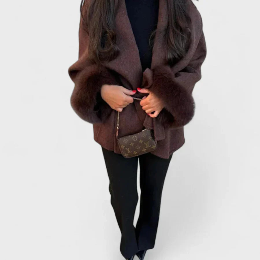 Dark brown coat with V-neck and faux fur cuffs
