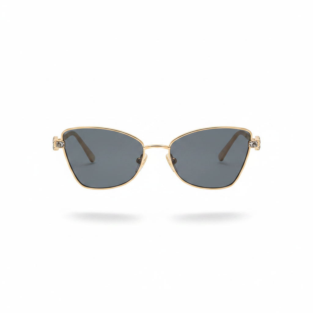Cat-eye sunglasses with gold-tone metal frame and dark lenses