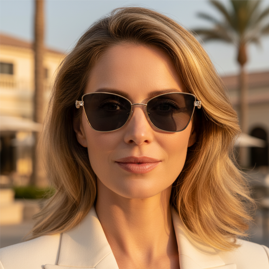 Cat-eye sunglasses with gold-tone metal frame, dark lenses, and rhinestone temples