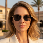 Cat-eye sunglasses with gold-tone metal frame, dark lenses, and rhinestone temples