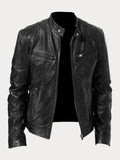 Black leather jacket with zip front, stand collar, and multiple zip pockets