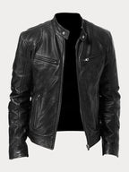Black leather jacket with zip front, stand collar, and multiple zip pockets