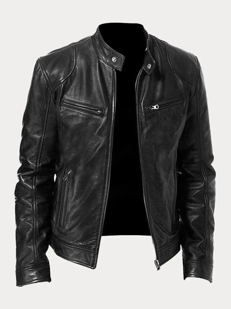 Black leather jacket with zip front, stand collar, and multiple zip pockets