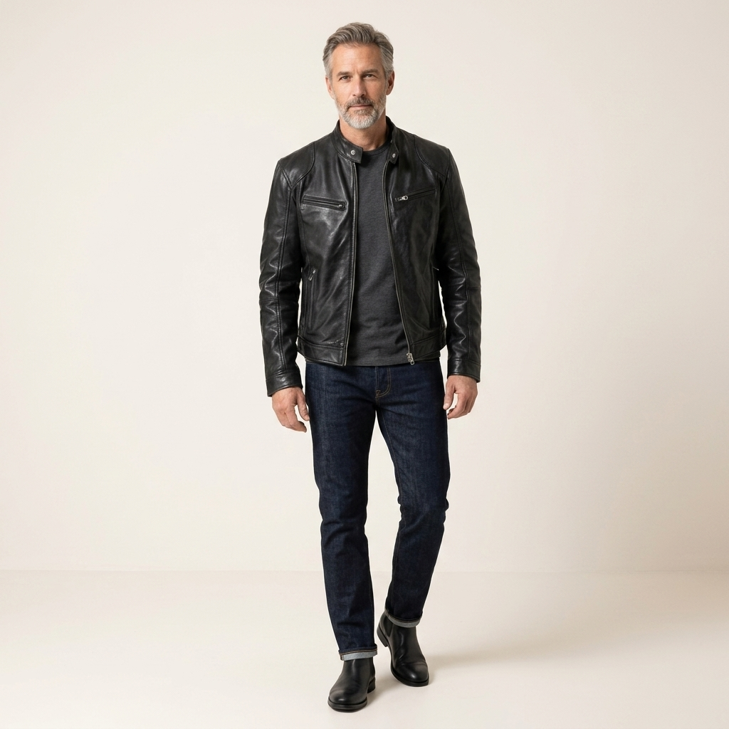 Men’s black synthetic leather jacket with zip front, stand collar, and chest pockets