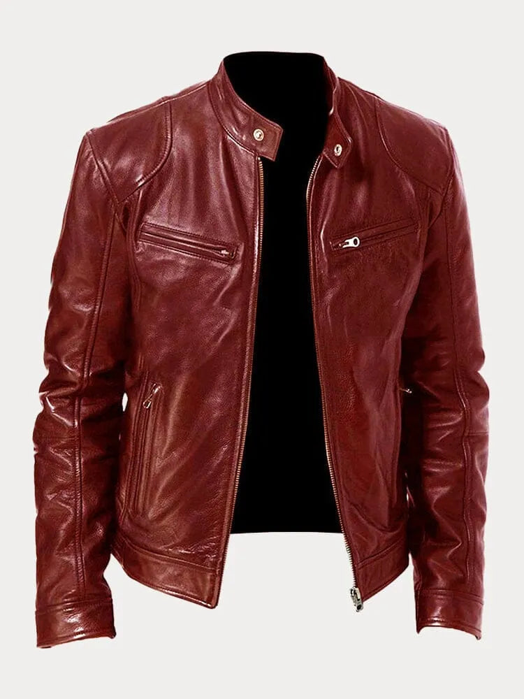 Red leather jacket with zip front, stand collar, and two flap zip pockets