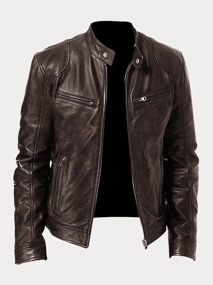 Dark brown leather jacket with zip front, stand collar, and chest zip pocket