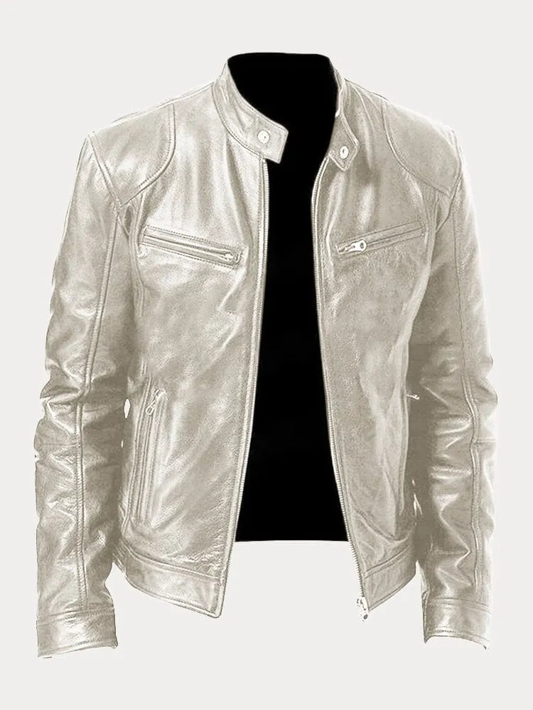 White leather jacket with zip front, stand collar, and chest flap zip pocket