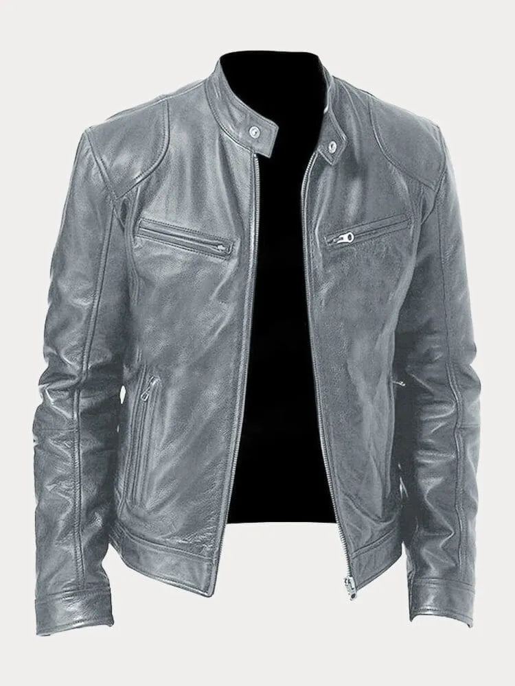 Light gray leather jacket with zip front, stand collar, and chest flap zip pocket