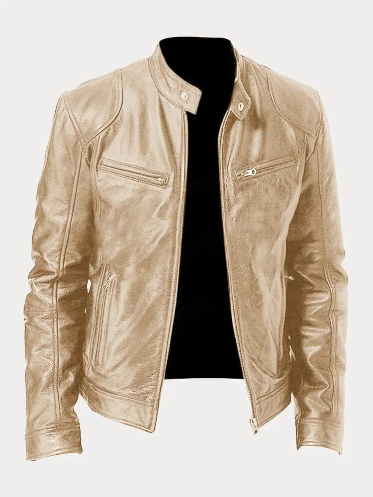 Khaki/beige leather jacket with zip front, stand collar, and chest flap zip pocket