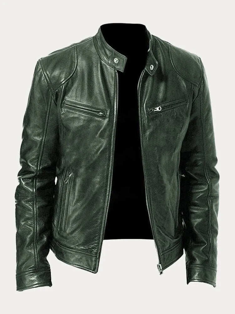 Green leather jacket with zip front, stand collar, and chest flap zip pocket