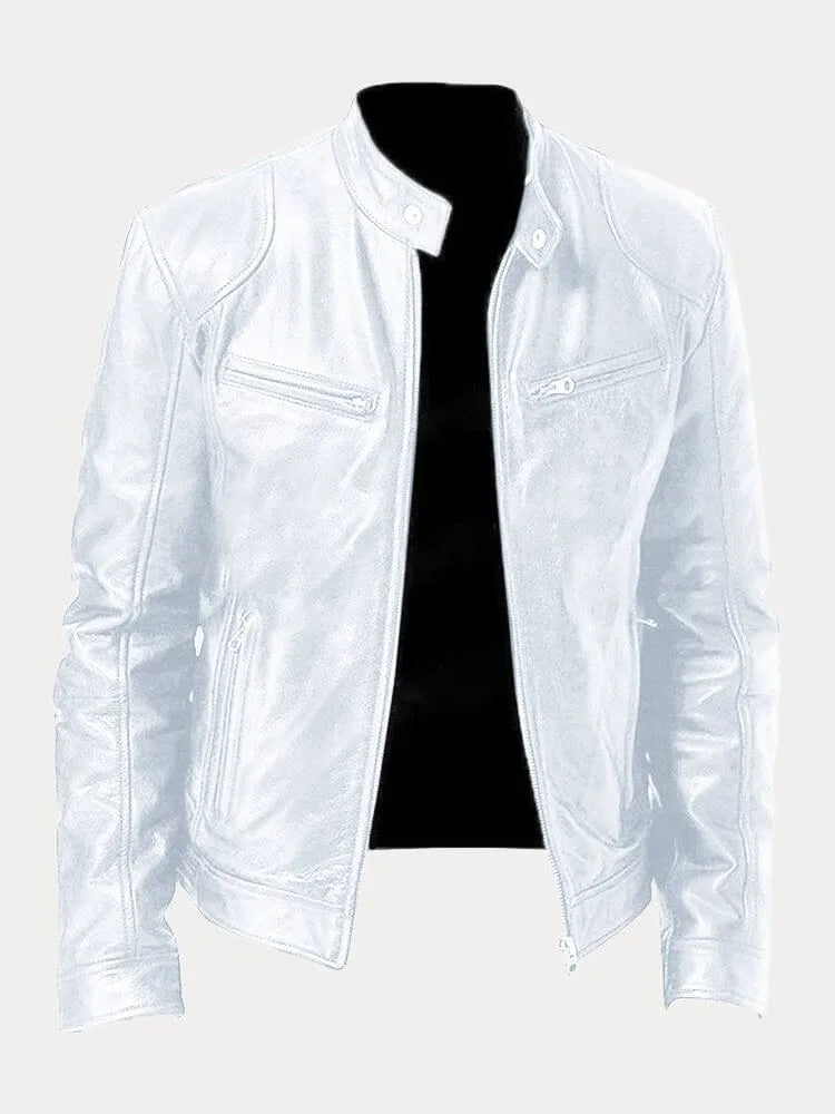 White leather jacket with zip front, stand collar, and two zip pockets