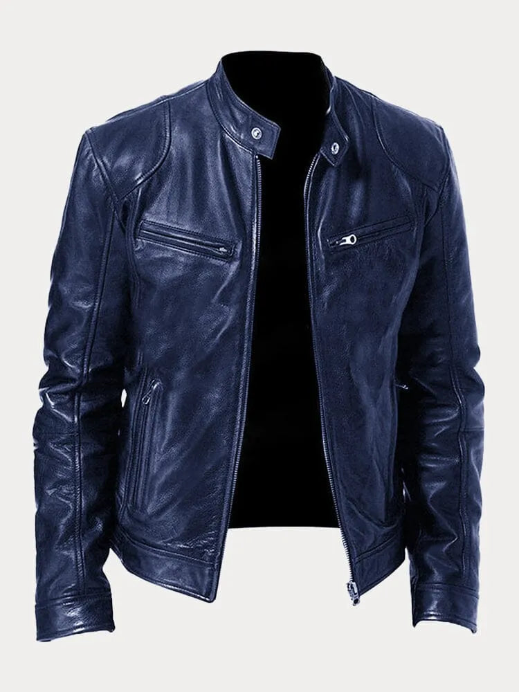 Navy blue leather jacket with zip front, stand collar, and chest flap zip pocket