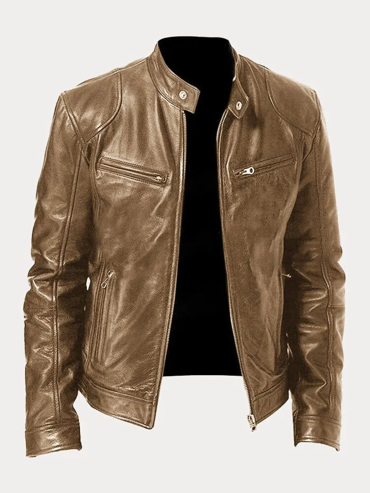 Tan leather jacket with zip front, stand collar, and chest flap zip pocket