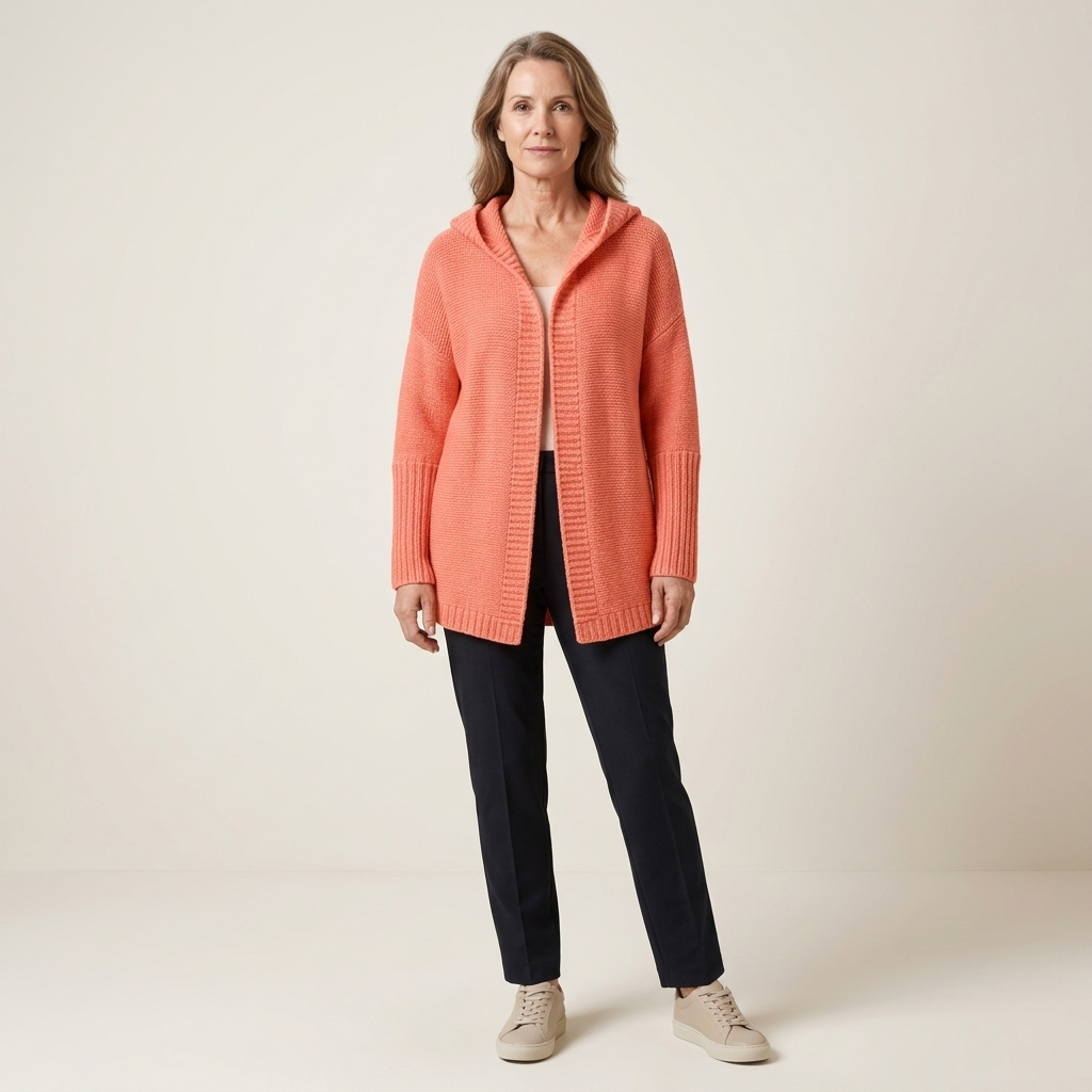 Orange hooded longline knit cardigan with ribbed hem and cuffs