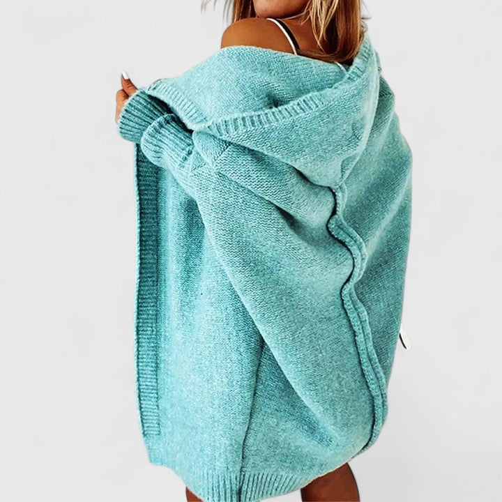 Turquoise hooded longline knit cardigan with draped cowl hood and ribbed cuffs