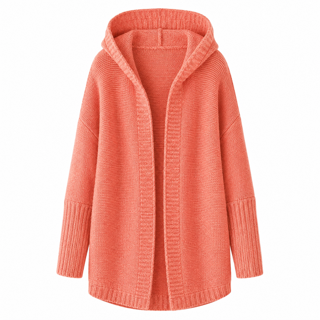 Women’s hooded oversized open-front chunky knit cardigan in coral, front view