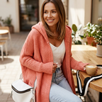 Women’s hooded longline knit cardigan, oversized open-front chunky knit in coral