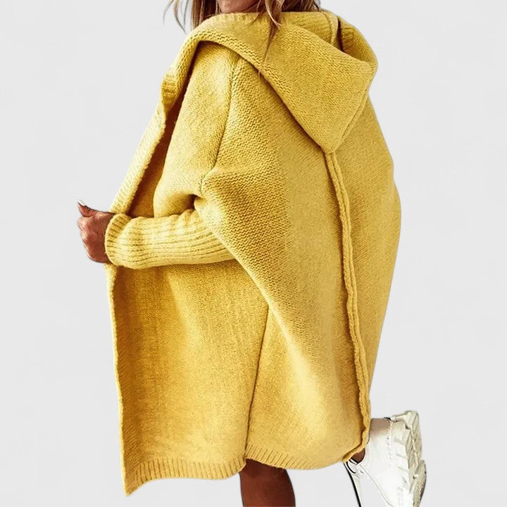 Mustard yellow hooded longline knit cardigan with draped hood and ribbed hem