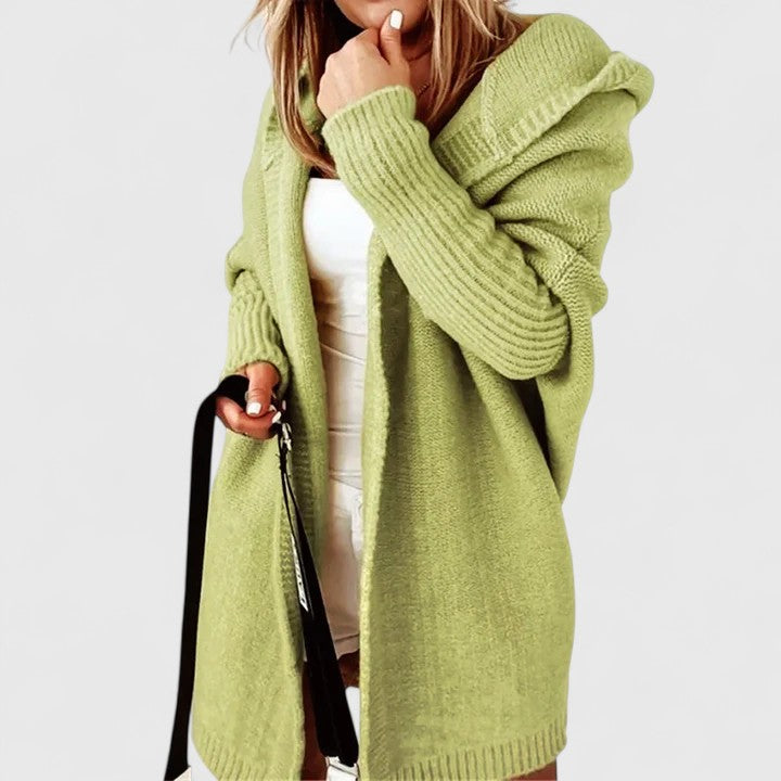 Light green hooded longline knit cardigan with draped cowl hood and long ribbed sleeves