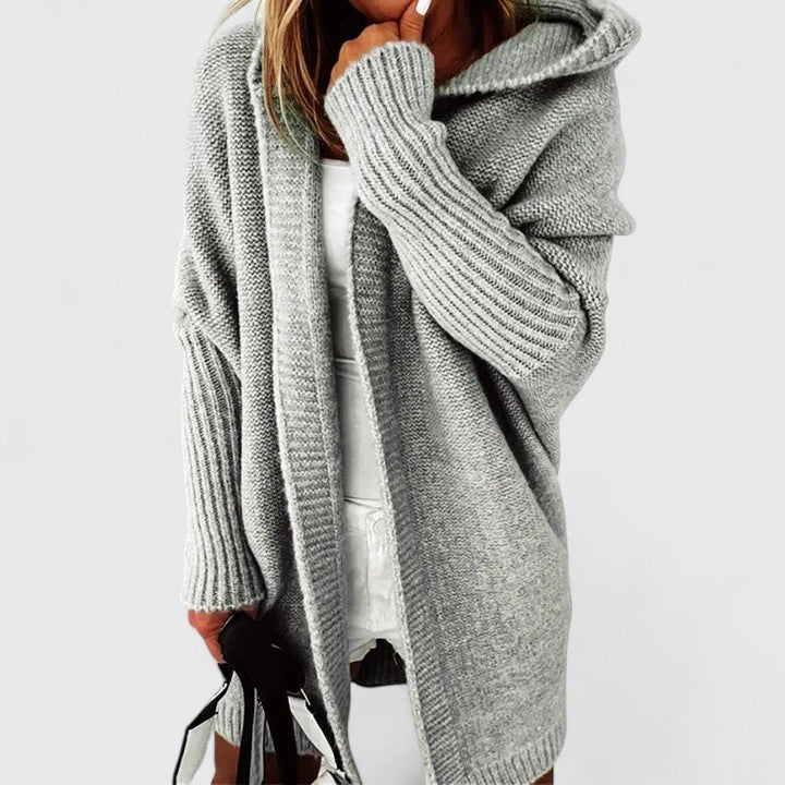Heather gray hooded longline knit cardigan with ribbed hood and long sleeves