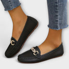 Women's lightweight leather loafer, black with gold metal buckle detail