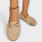 Women's lightweight leather loafer, khaki/beige with gold metal buckle detail