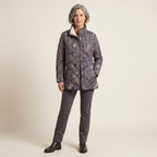 Women's floral quilted puffer jacket, dark gray with multicolor blooms, full zip, stand collar