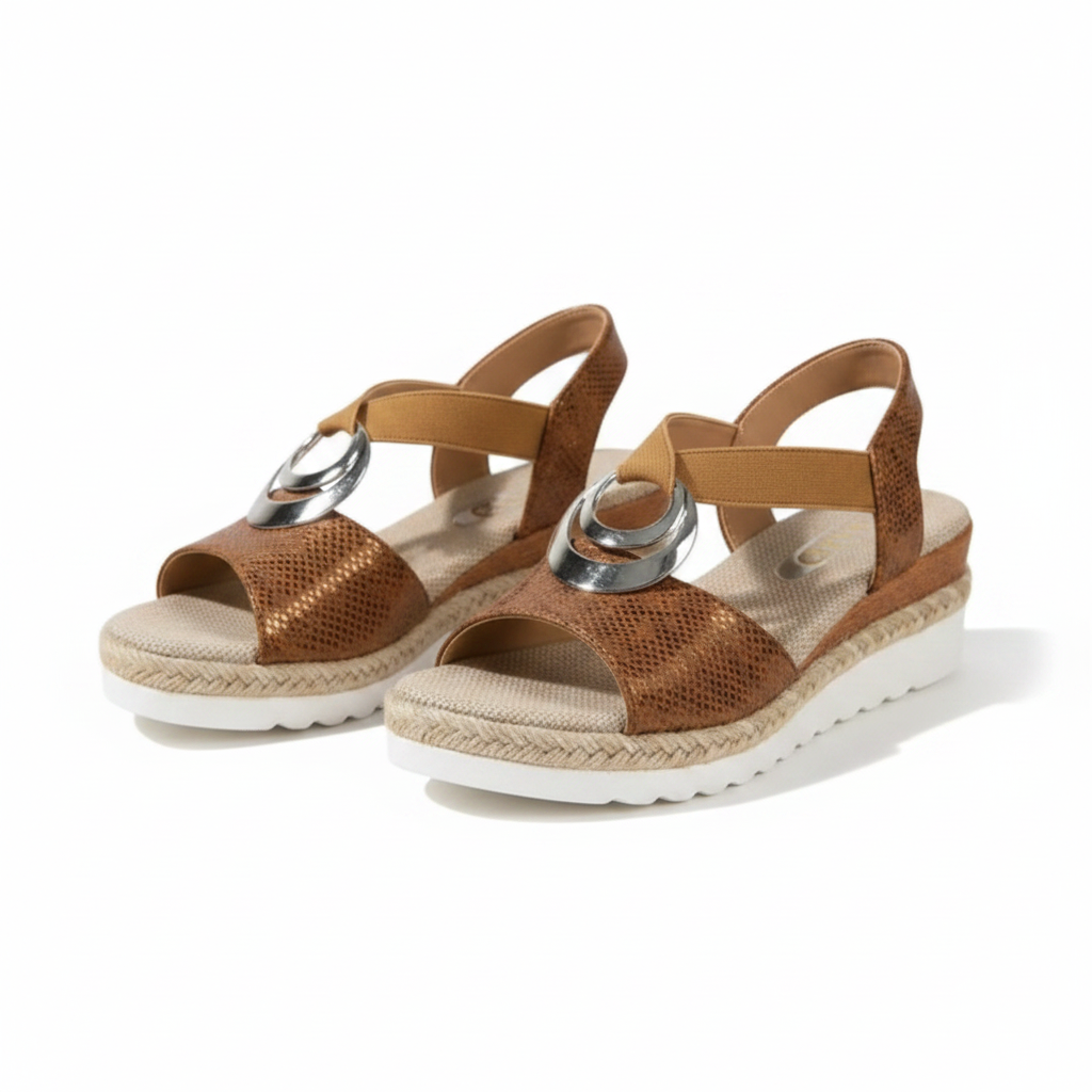 Women's ankle-strap wedge sandals, open toe, tan woven uppers with silver buckle detail