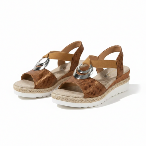 Women's ankle-strap wedge sandals, open toe, tan woven uppers with silver buckle detail