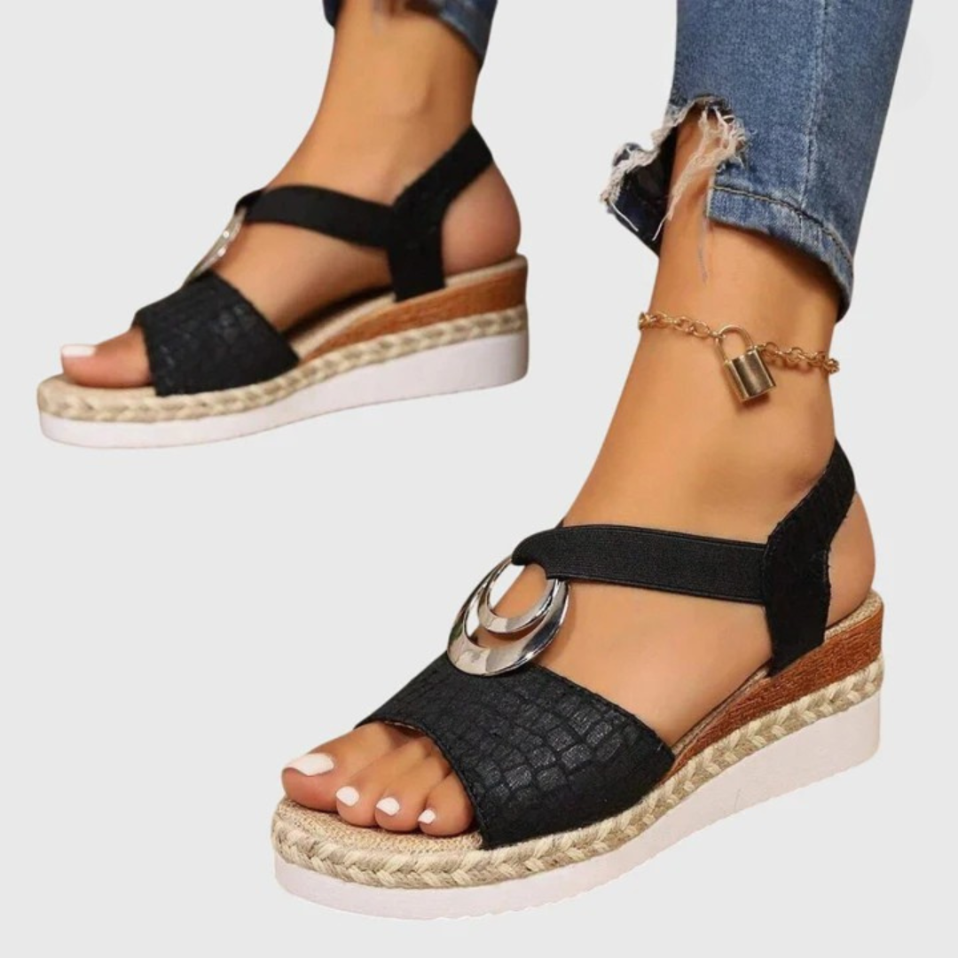 Women's ankle-strap wedge sandals, open toe, black straps with metal buckle and espadrille sole