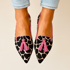Women's pointed animal-print tassel loafers, black with pink tassels and trim