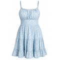Sky blue spaghetti-strap tiered knee-length dress, sleeveless gathered waist