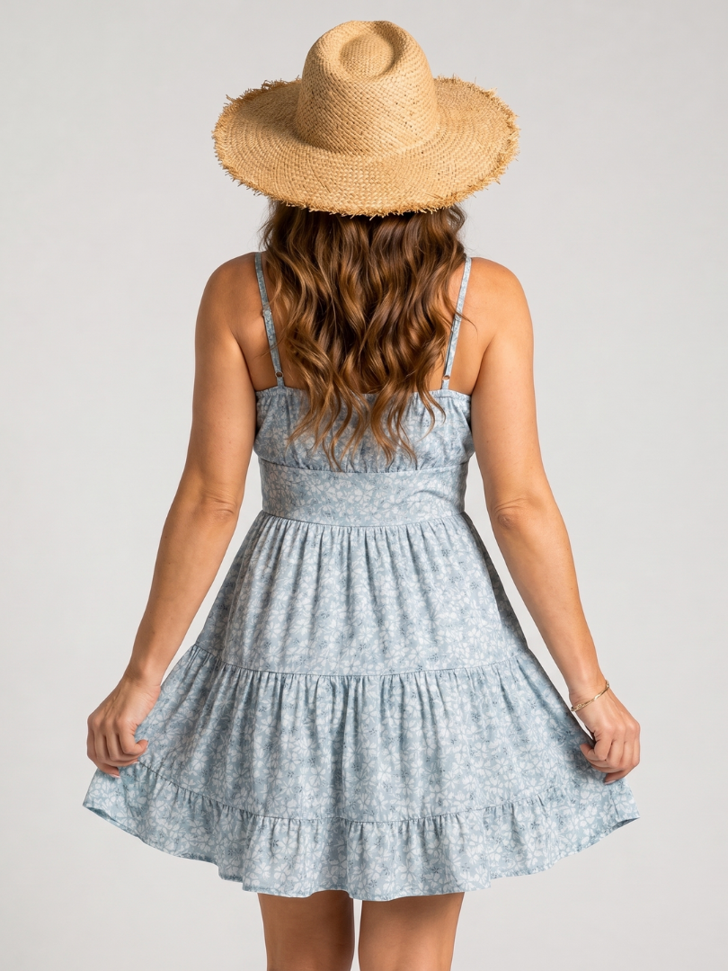 Sky blue spaghetti-strap tiered knee-length dress from back view